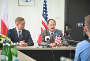 Wizyta Ambasadora USA w Polsce Marka Brzezinskiego u Prezydenta Częstochowy Krzysztofa Matyjaszczyka.