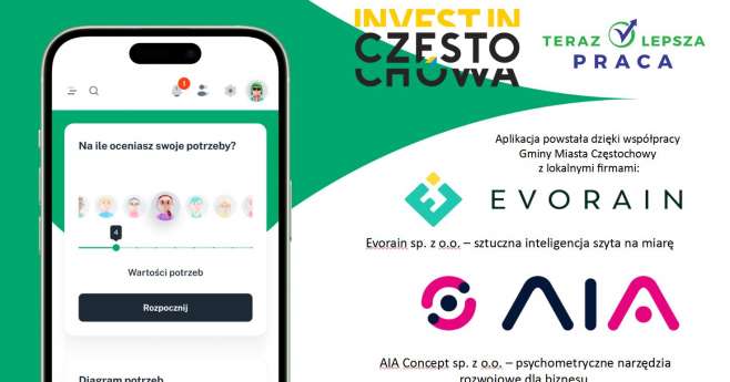 plansza prezentująca aplikację która powstała dzięki Gminie Miasta Częstochowy a lokalnymi firmami Evorain- sztuczna inteligencja szyta na miarę